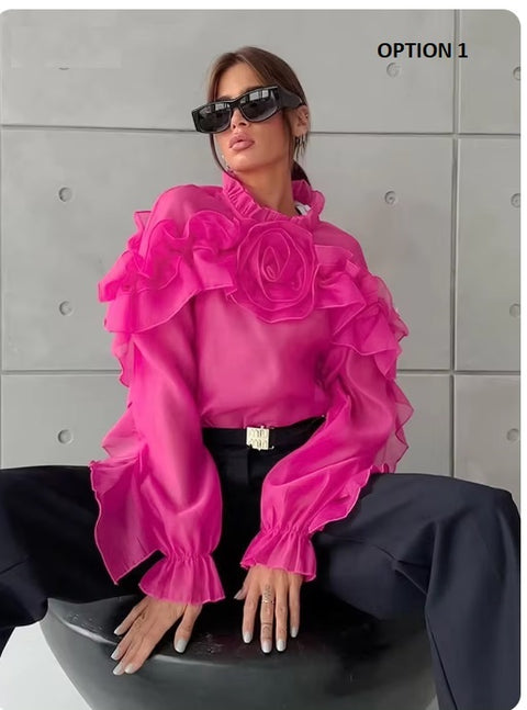 Fashion Elegant Ruffled Flowers Long Sleeve Loose Spring Party Stand Collar Top CODE: KAR3284