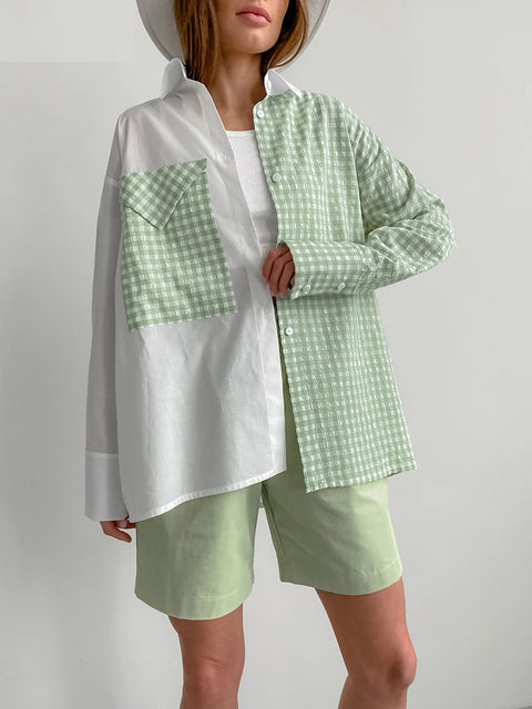 New Patchwork Plaid Casual Ruched Long Sleeve Pocket Loose Shirt CODE: KAR3285