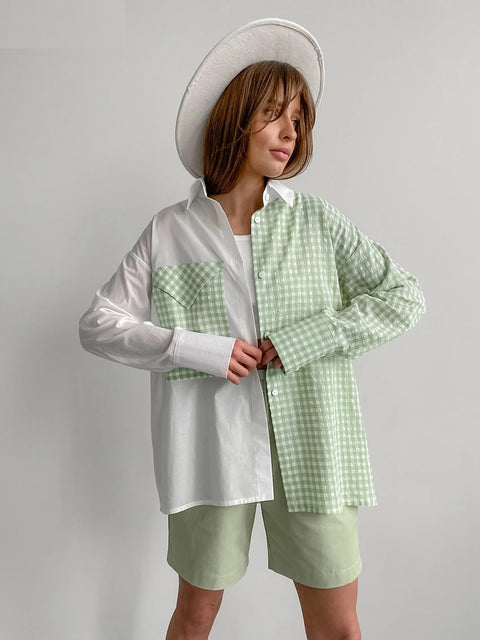 New Patchwork Plaid Casual Ruched Long Sleeve Pocket Loose Shirt CODE: KAR3285