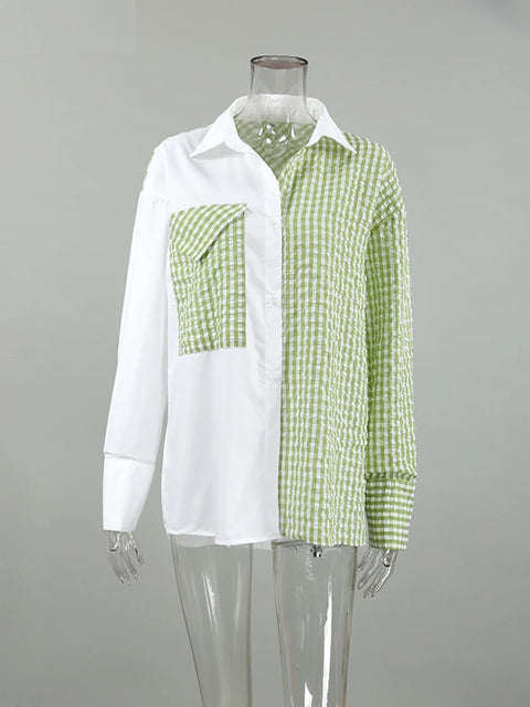 New Patchwork Plaid Casual Ruched Long Sleeve Pocket Loose Shirt CODE: KAR3285