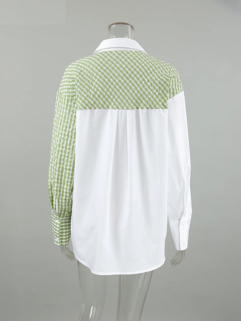 New Patchwork Plaid Casual Ruched Long Sleeve Pocket Loose Shirt CODE: KAR3285