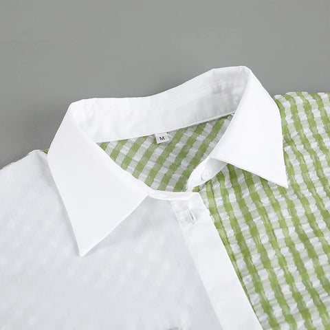 New Patchwork Plaid Casual Ruched Long Sleeve Pocket Loose Shirt CODE: KAR3285