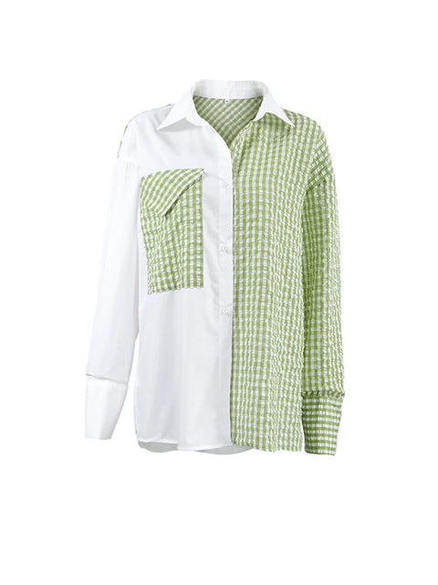 New Patchwork Plaid Casual Ruched Long Sleeve Pocket Loose Shirt CODE: KAR3285