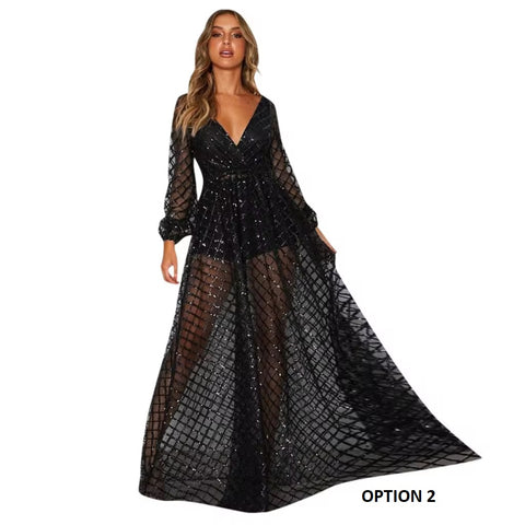 New Sling Cross V-Neck Elegant Slim Hollow Lace Long Dress CODE: READY1536