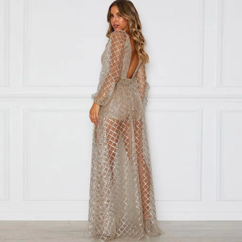 Sexy Sling Cross V-Neck Elegant Slim Hollow Lace Long Dress CODE: KAR3287