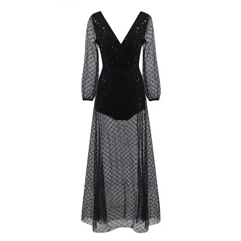 Sexy Sling Cross V-Neck Elegant Slim Hollow Lace Long Dress CODE: KAR3287