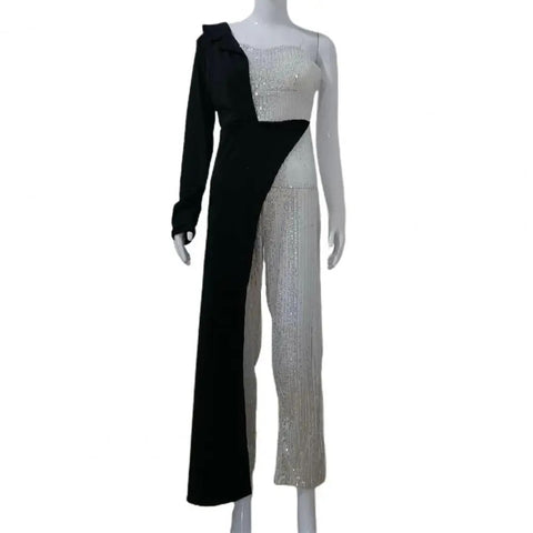 New Elegant One Shoulder Sequin with Wide Leg Tight Waist Jumpsuit CODE: KAR3288