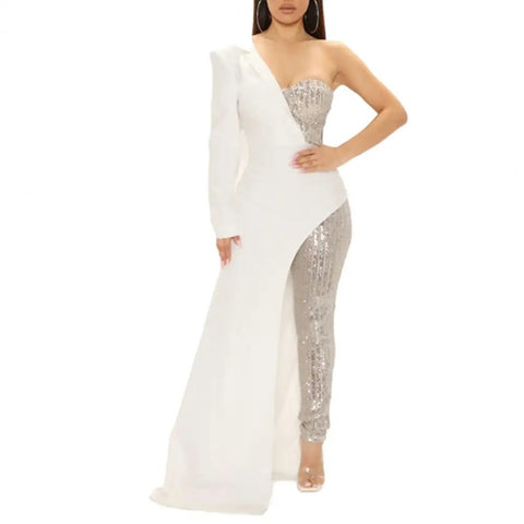 New Elegant One Shoulder Sequin with Wide Leg Tight Waist Jumpsuit CODE: KAR3288