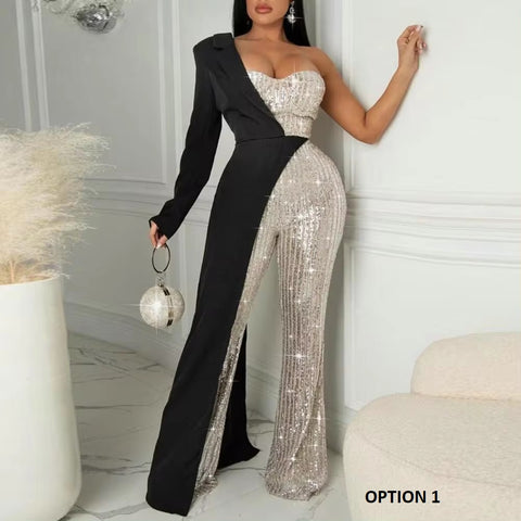 New Elegant One Shoulder Sequin with Wide Leg Tight Waist Jumpsuit CODE: KAR3288
