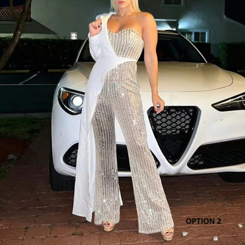New Elegant One Shoulder Sequin with Wide Leg Tight Waist Jumpsuit CODE: KAR3288