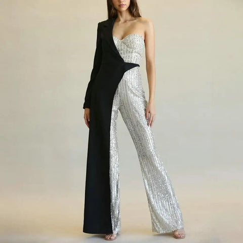 New Elegant One Shoulder Sequin with Wide Leg Tight Waist Jumpsuit CODE: KAR3288