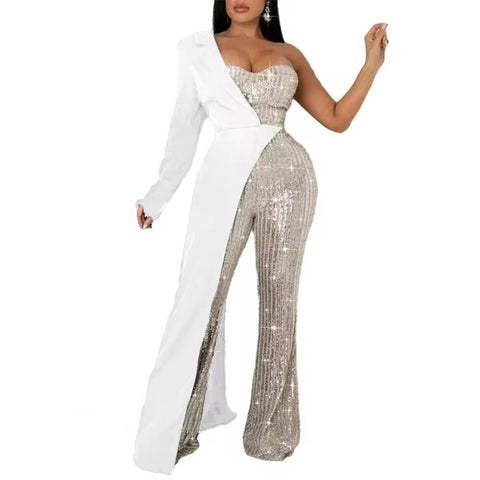 New Elegant One Shoulder Sequin with Wide Leg Tight Waist Jumpsuit CODE: KAR3288