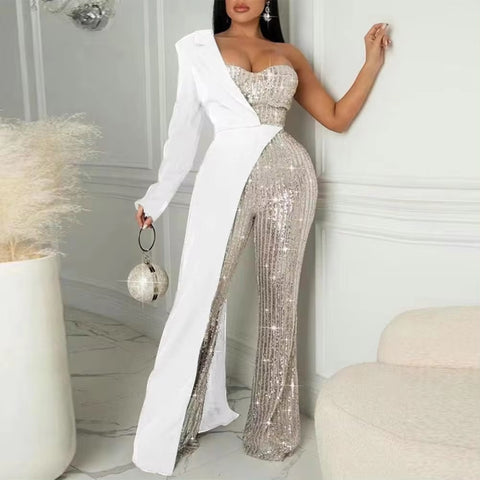 New Elegant One Shoulder Sequin with Wide Leg Tight Waist Jumpsuit CODE: KAR3288
