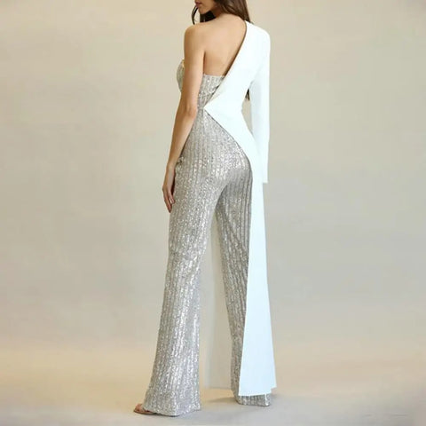 New Elegant One Shoulder Sequin with Wide Leg Tight Waist Jumpsuit CODE: KAR3288