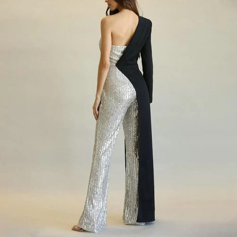 New Elegant One Shoulder Sequin with Wide Leg Tight Waist Jumpsuit CODE: KAR3288