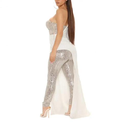 New Elegant One Shoulder Sequin with Wide Leg Tight Waist Jumpsuit CODE: KAR3288
