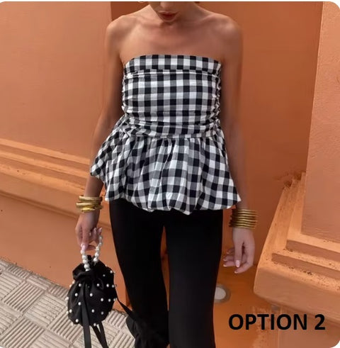 New Sexy Off Shoulder Pleated Elegant Plaid Strapless Slim Slash Neck Fluffy Short Top CODE: KAR3289