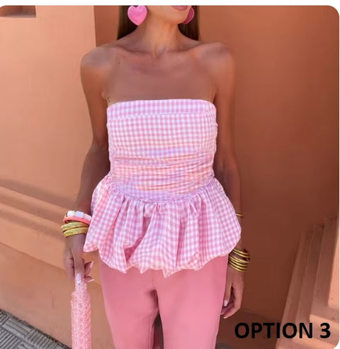 New Sexy Off Shoulder Pleated Elegant Plaid Strapless Slim Slash Neck Fluffy Short Top CODE: KAR3289