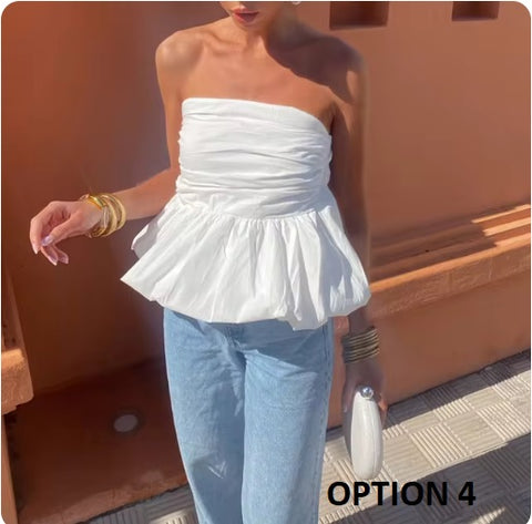 New Sexy Off Shoulder Pleated Elegant Plaid Strapless Slim Slash Neck Fluffy Short Top CODE: KAR3289