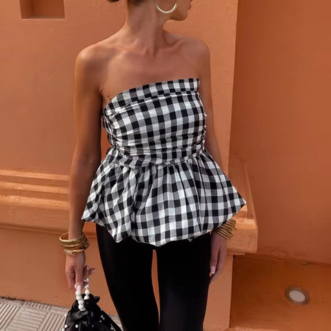New Sexy Off Shoulder Pleated Elegant Plaid Strapless Slim Slash Neck Fluffy Short Top CODE: KAR3289