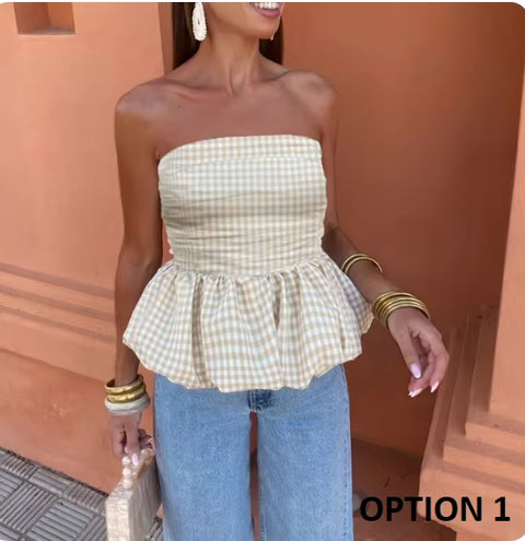 New Sexy Off Shoulder Pleated Elegant Plaid Strapless Slim Slash Neck Fluffy Short Top CODE: KAR3289