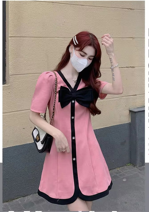 New Fragrant Style Bow V-neck Short Sleeved With A Waistband Elegant Short Dress CODE: KAR3291