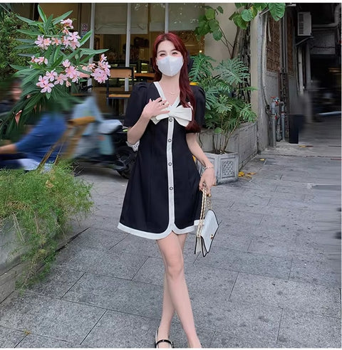 New Fragrant Style Bow V-neck Short Sleeved With A Waistband Elegant Short Dress CODE: KAR3291