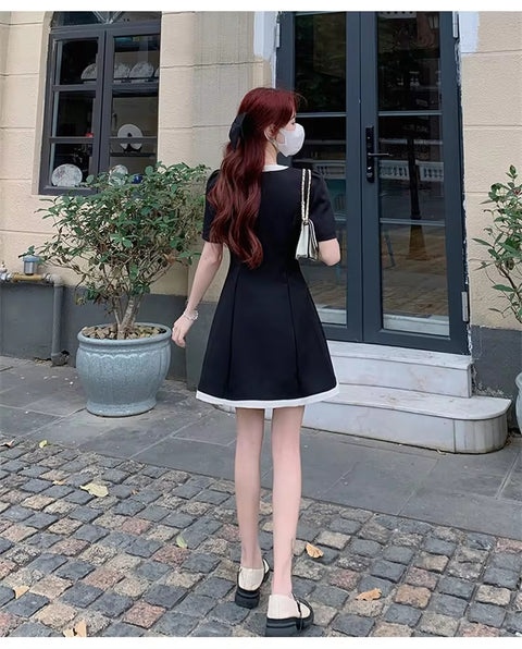 New Fragrant Style Bow V-neck Short Sleeved With A Waistband Elegant Short Dress CODE: KAR3291