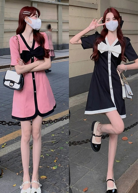 New Fragrant Style Bow V-neck Short Sleeved With A Waistband Elegant Short Dress CODE: KAR3291
