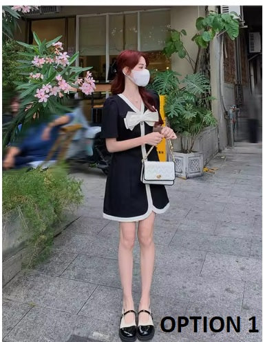 New Fragrant Style Bow V-neck Short Sleeved With A Waistband Elegant Short Dress CODE: KAR3291