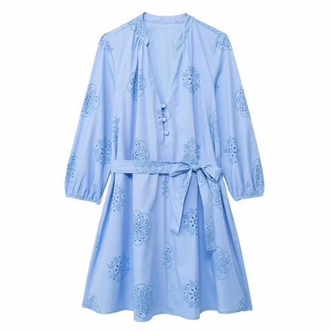 New Versatile Solid Adhesive Embroidered Decorative Poplin Dress CODE: KAR3294