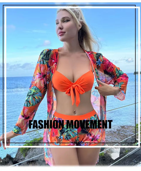 New Sexy Sports Pool Rain Forest Print Three Piece Swimsuit Set CODE: KAR3296