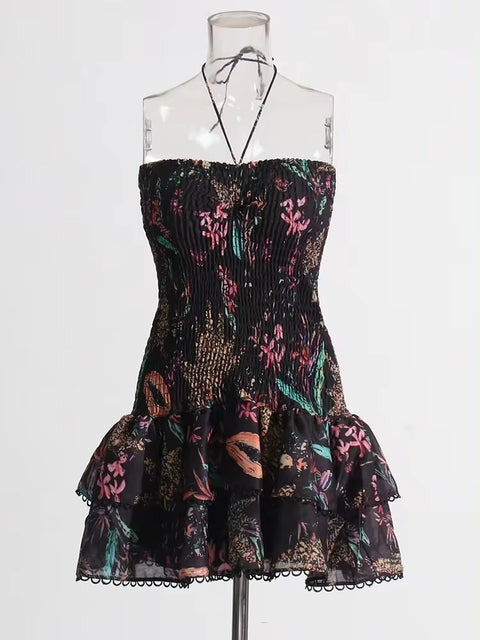 New Halter Sleeveless High Waist Patchwork Folds Slimming Printing Dress CODE: KAR3302