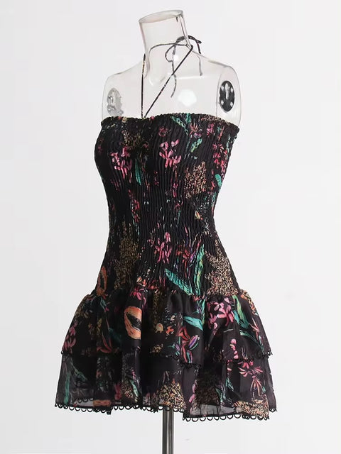 New Halter Sleeveless High Waist Patchwork Folds Slimming Printing Dress CODE: KAR3302