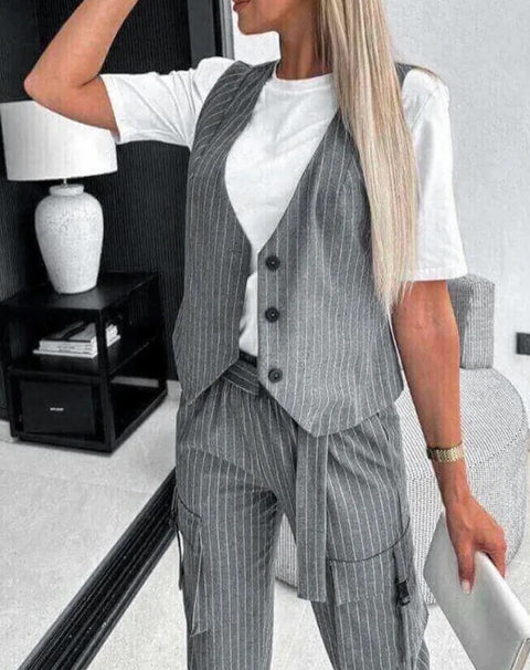 New Summer Casual Striped Printed Vest V-neck Button Pocket Loose Outfits Two-piece Suit CODE: KAR3303