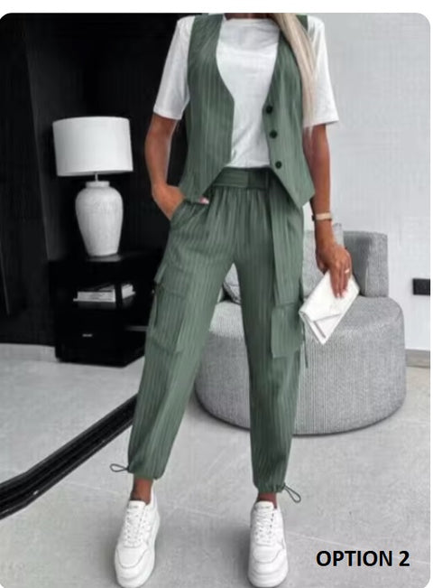 New Summer Casual Striped Printed Vest V-neck Button Pocket Loose Outfits Two-piece Suit CODE: KAR3303