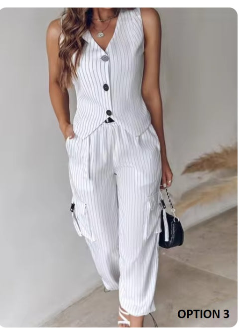 New Summer Casual Striped Printed Vest V-neck Button Pocket Loose Outfits Two-piece Suit CODE: KAR3303
