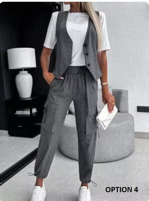 New Summer Casual Striped Printed Vest V-neck Button Pocket Loose Outfits Two-piece Suit CODE: KAR3303