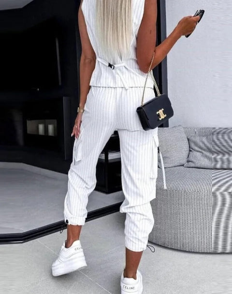 New Summer Casual Striped Printed Vest V-neck Button Pocket Loose Outfits Two-piece Suit CODE: KAR3303