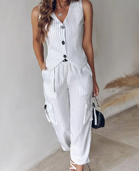 New Summer Casual Striped Printed Vest V-neck Button Pocket Loose Outfits Two-piece Suit CODE: KAR3303