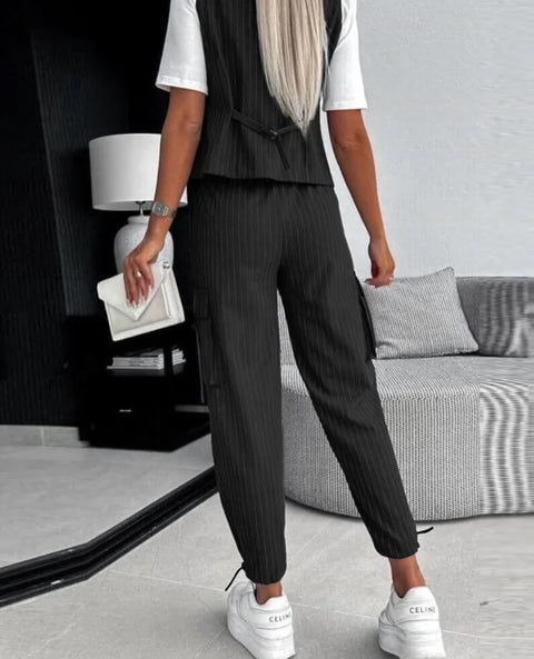 New Summer Casual Striped Printed Vest V-neck Button Pocket Loose Outfits Two-piece Suit CODE: KAR3303