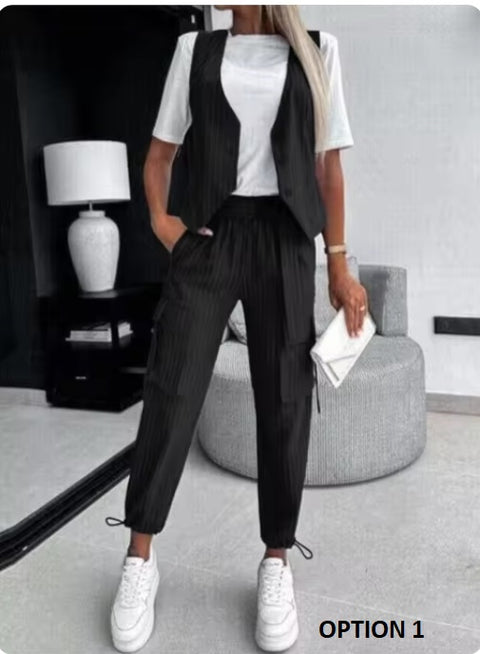 New Summer Casual Striped Printed Vest V-neck Button Pocket Loose Outfits Two-piece Suit CODE: KAR3303