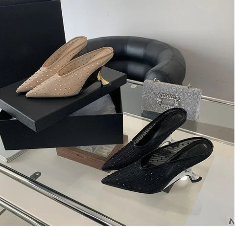 New Designer Crystal Mesh Wedges Elegant Shallow Pointed Toe High Heels CODE: KAR3305