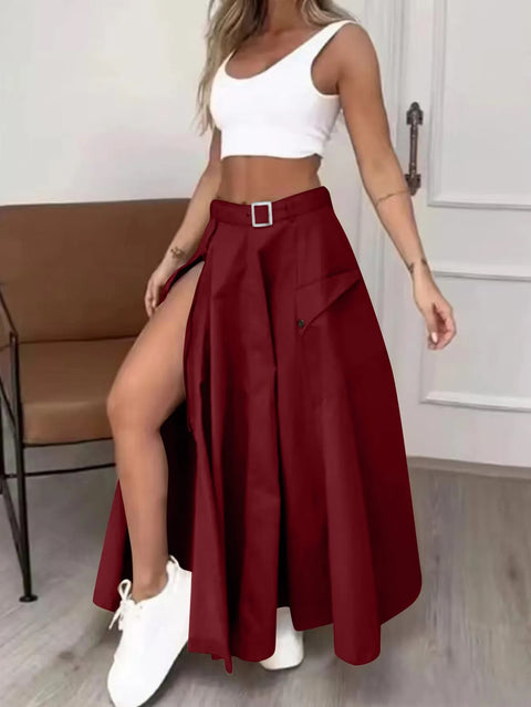 Summer New Fashion Solid Color High Waist Split Casual Commuter Skirt CODE: KAR3306