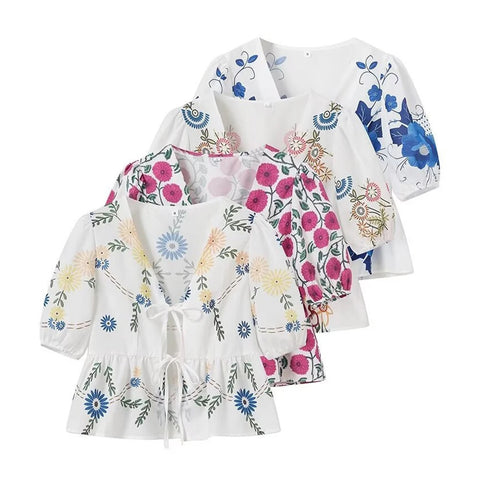 Summer New Casual Print Bow Tie Lace-up Short Sleeve V-neck Ruffle Tops CODE: KAR3310