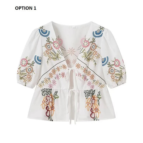 Summer New Casual Print Bow Tie Lace-up Short Sleeve V-neck Ruffle Tops CODE: KAR3310