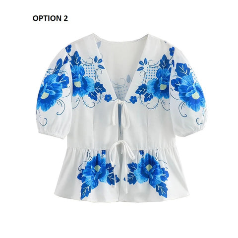 Summer New Casual Print Bow Tie Lace-up Short Sleeve V-neck Ruffle Tops CODE: KAR3310