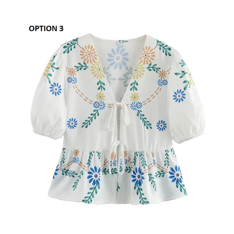 Summer New Casual Print Bow Tie Lace-up Short Sleeve V-neck Ruffle Tops CODE: KAR3310