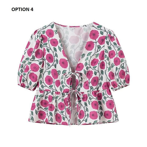 Summer New Casual Print Bow Tie Lace-up Short Sleeve V-neck Ruffle Tops CODE: KAR3310