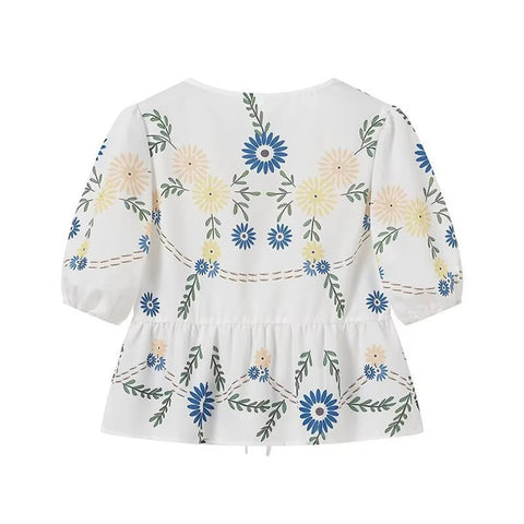 Summer New Casual Print Bow Tie Lace-up Short Sleeve V-neck Ruffle Tops CODE: KAR3310